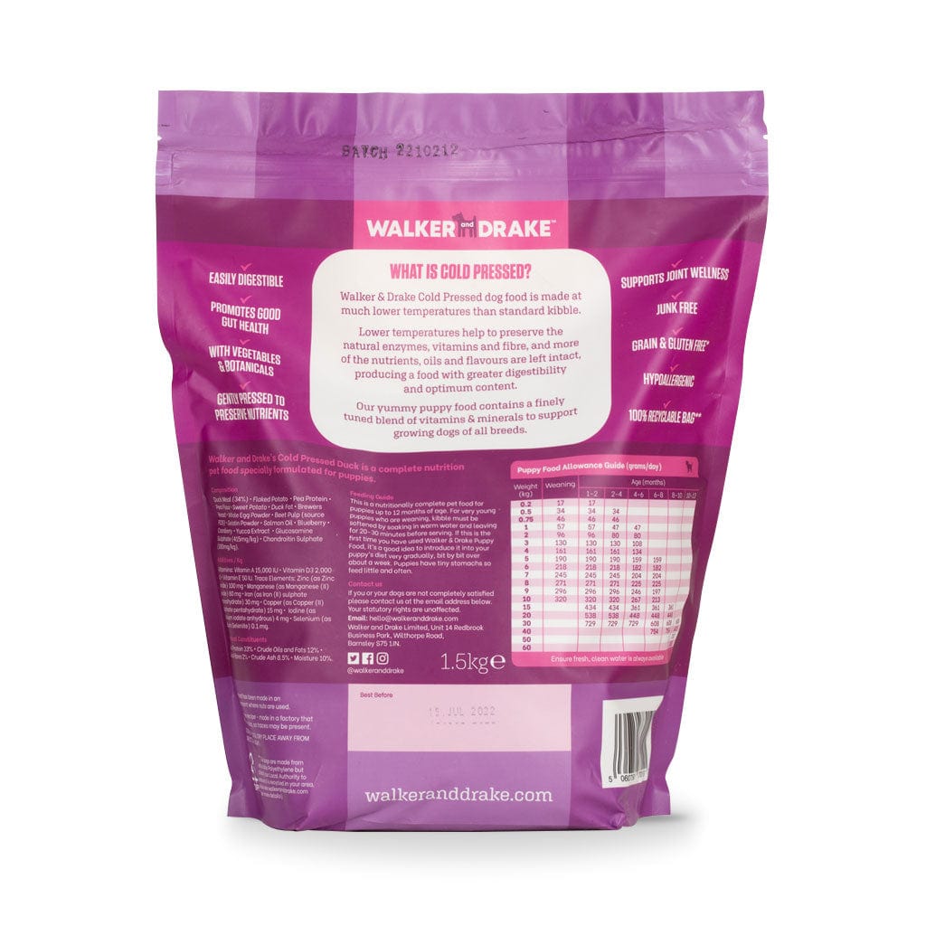 Walker and Drake 1.5kg Cold Pressed Puppy Food – Duck 5060750770191 DU015PU021